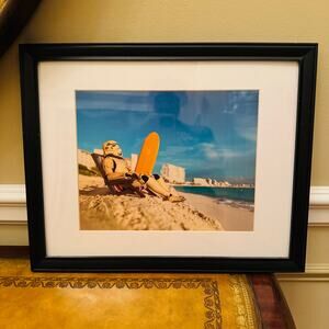 Star Wars Stormtrooper On Beach with Surfboard Black Framed Print 15.5" by 12.5"